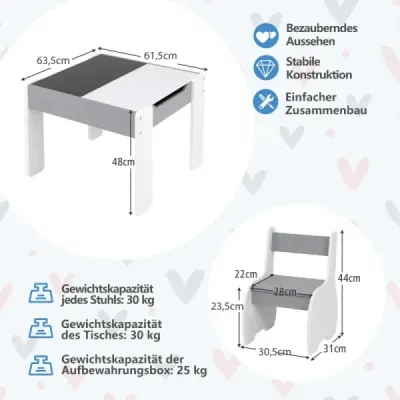 Detský stôl s 2 stoličkami Detská sedacia súprava s obojstrannou a odnímateľnou doskou Svetlosivá