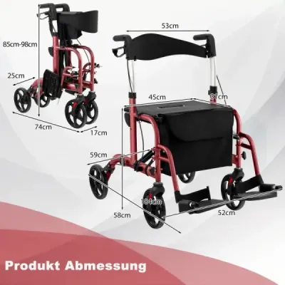 Rollator skladací a ľahký so sedadlom 2 v 1 invalidný vozík a cestovný rollator Ľahký červený