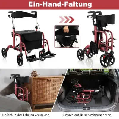 Rollator skladací a ľahký so sedadlom 2 v 1 invalidný vozík a cestovný rollator Ľahký červený