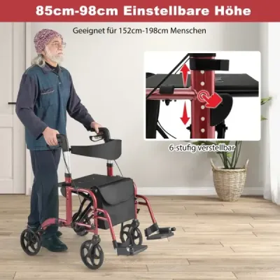 Rollator skladací a ľahký so sedadlom 2 v 1 invalidný vozík a cestovný rollator Ľahký červený