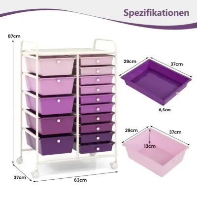 Vozík s 15 stohovateľnými zásuvkami Mobilný bočný vozík s 15 zásuvkami 62,5 x 37 x 87 cm Fialová
