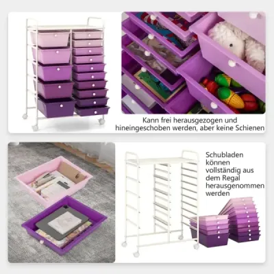 Vozík s 15 stohovateľnými zásuvkami Mobilný bočný vozík s 15 zásuvkami 62,5 x 37 x 87 cm Fialová