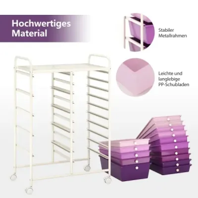 Vozík s 15 stohovateľnými zásuvkami Mobilný bočný vozík s 15 zásuvkami 62,5 x 37 x 87 cm Fialová