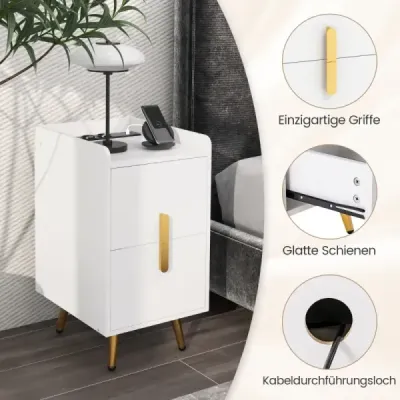 Nočná skrinka s nabíjacou stanicou úzka nočná skrinka s 2 zásuvkami a portami USB 40 x 32 x 60 cm biela