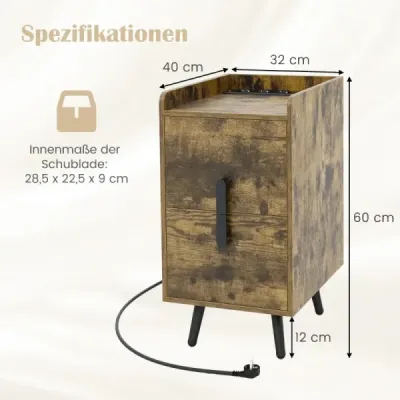Nočná skrinka s nabíjacou stanicou Úzka nočná skrinka s 2 zásuvkami a USB portami 40 x 32 x 60 cm Rustikálna hnedá