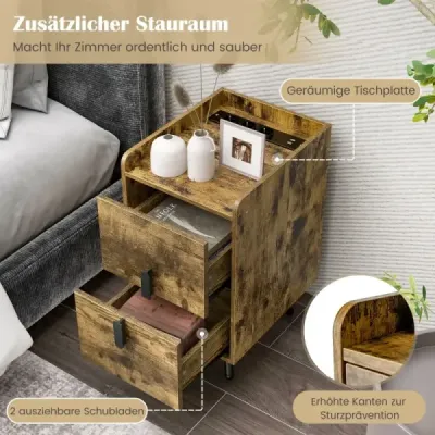 Nočná skrinka s nabíjacou stanicou Úzka nočná skrinka s 2 zásuvkami a USB portami 40 x 32 x 60 cm Rustikálna hnedá
