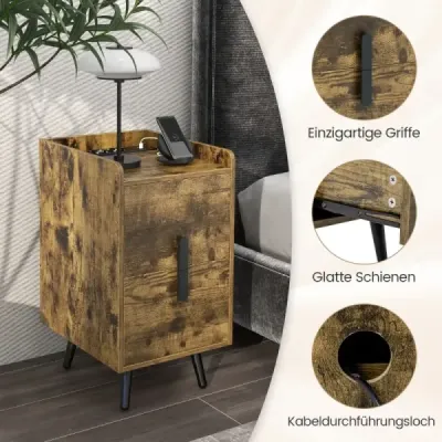 Nočná skrinka s nabíjacou stanicou Úzka nočná skrinka s 2 zásuvkami a USB portami 40 x 32 x 60 cm Rustikálna hnedá