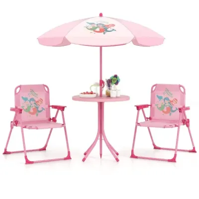 Detská sedacia súprava so slnečníkom 4-dielna detská sedacia súprava s 2 skladacími stoličkami Ružová sedacia súprava