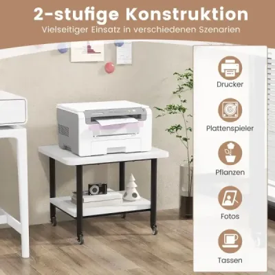 Tlačiarenský stôl s 2 úrovňami a uzamykateľnými kolieskami Stojan na tlačiareň Tlačiarenský vozík biely