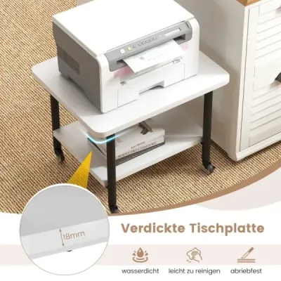Tlačiarenský stôl s 2 úrovňami a uzamykateľnými kolieskami Stojan na tlačiareň Tlačiarenský vozík biely