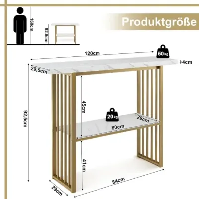 2-úrovňový konzolový stolík s mramorovým vzhľadom 120 x 29,5 x 92,5 cm Biela a zlatá
