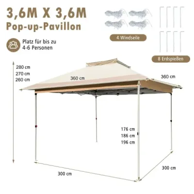 Altánok 3,6 x 3,6 m s moskytiérou a dvojitou strechou Ochrana proti UV žiareniu 50+ skladací altánok khaki