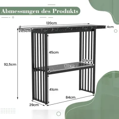 2-úrovňový konzolový stolík s mramorovým vzhľadom úzky bočný stolík predsieňový stolík s kovovým rámom čierny