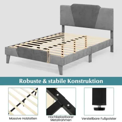 Čalúnená posteľ s plošinou vo veľkosti manželskej postele Zamatový rám postele s čelom Rám postele z masívnych drevených lamiel 140 x 200 cm Sivá