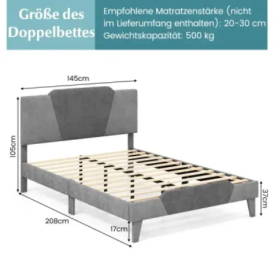 Čalúnená posteľ s plošinou vo veľkosti manželskej postele Zamatový rám postele s čelom Rám postele z masívnych drevených lamiel 140 x 200 cm Sivá