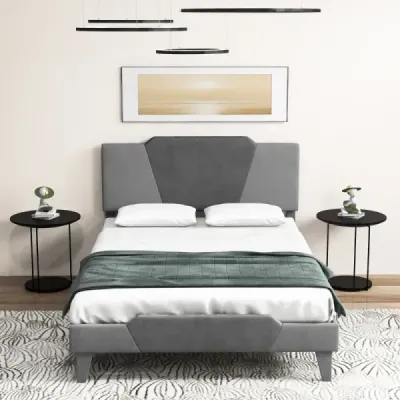 Čalúnená posteľ s plošinou vo veľkosti manželskej postele Zamatový rám postele s čelom Rám postele z masívnych drevených lamiel 140 x 200 cm Sivá