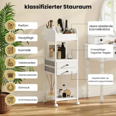 Skladovací vozík na make-up so zásuvkami, kolieskami a policami Organizér na kozmetiku