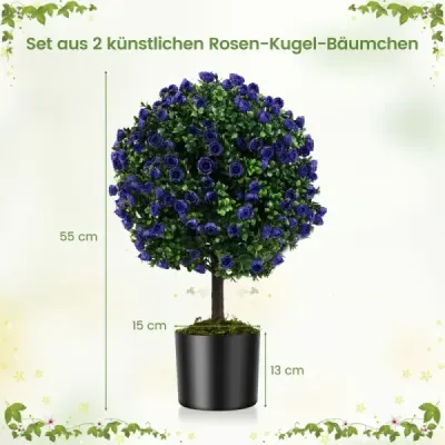 2 umelé rastliny s listami a okvetnými lístkami ruží vo fialovom boxwood s hrncom umelý strom 55cm