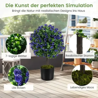 2 umelé rastliny s listami a okvetnými lístkami ruží vo fialovom boxwood s hrncom umelý strom 55cm