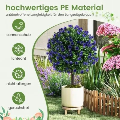 2 umelé rastliny s listami a okvetnými lístkami ruží vo fialovom boxwood s hrncom umelý strom 55cm