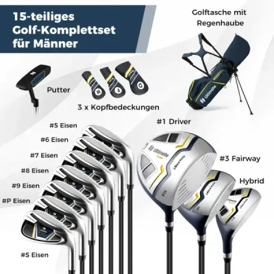 15-dielna kompletná sada golfových palíc golfový set s golfovým bagom a krytom proti dažďu žltá