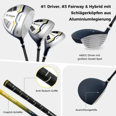 15-dielna kompletná sada golfových palíc golfový set s golfovým bagom a krytom proti dažďu žltá