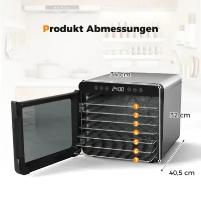 600W dehydrátor so 7 zásobníkmi z nehrdzavejúcej ocele Dehydrátor s časovačom 24 hodín a 30-75 ℃ 34 x 40,5 x 32 cm