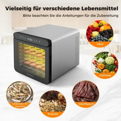600W dehydrátor so 7 zásobníkmi z nehrdzavejúcej ocele Dehydrátor s časovačom 24 hodín a 30-75 ℃ 34 x 40,5 x 32 cm