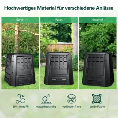 Záhradný kompostér 380 L PP termokompostér s vekom a nastaviteľnými vetracími otvormi 78 x 64 x 80 cm čierny
