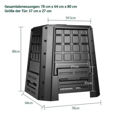Záhradný kompostér 380 L PP termokompostér s vekom a nastaviteľnými vetracími otvormi 78 x 64 x 80 cm čierny