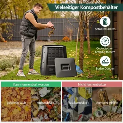 Záhradný kompostér 380 L PP termokompostér s vekom a nastaviteľnými vetracími otvormi 78 x 64 x 80 cm čierny