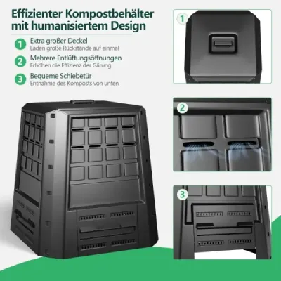 Záhradný kompostér 380 L PP termokompostér s vekom a nastaviteľnými vetracími otvormi 78 x 64 x 80 cm čierny