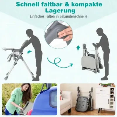 Detská vysoká stolička skladacia vysoká stolička s funkciou polohovania a nastaviteľnou výškou Sivá