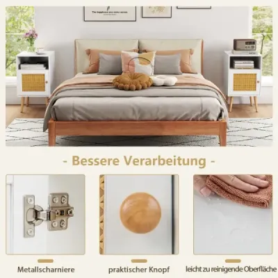 Ratanový nočný stolík s úložným priestorom Otvorená polica a dvierka Nočný stolík v štýle farmy 1 kus Biely