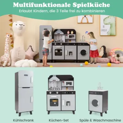 Detská kuchynka s príslušenstvom 3 v 1 detská kuchynka z dreva s chladničkou a práčkou hnedá