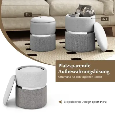 Sada 2 zamatových otomanov s 32L + 21L úložným priestorom pouf stolička okrúhla pohovka bočná stolička sivá