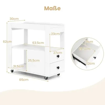 Tlačiarenský stôl s kolieskami a 2 zásuvkami a policami Kontajner na rolky Stojan na tlačiarne Bočný vozík Biely