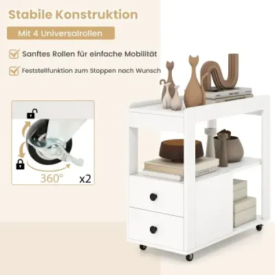 Tlačiarenský stôl s kolieskami a 2 zásuvkami a policami Kontajner na rolky Stojan na tlačiarne Bočný vozík Biely