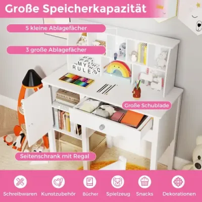 Detský písací stôl so stoličkou Detský písací stôl so zásuvkovou skrinkou a policou 79 x 34 x 91 cm Biely