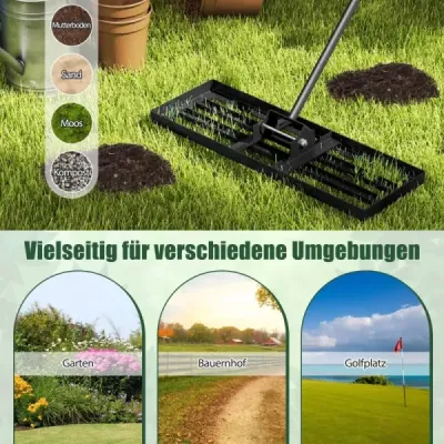 Kovové hrable na vyrovnávanie trávnika s ergonomickou rukoväťou na zem Hrable na trávnik 75 x 25 cm čierne