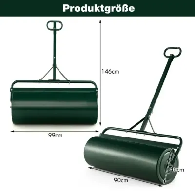 Kovový valec na trávnik 113 L Ručný valec s rukoväťou Záhradný valec Ø 40 cm naplniteľný vodou/pieskom Zelený
