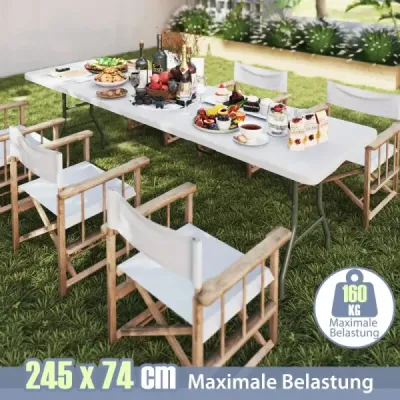 XXL záhradný stôl s doskou z HDPE a rukoväťou na prenášanie Skladací kempingový stôl Párty stôl biely