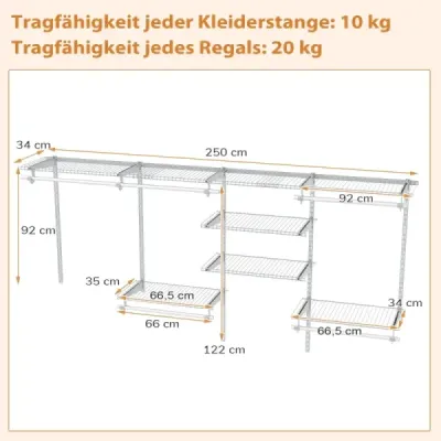 Otvorená šatníková skriňa 122 - 244 cm Rozšíriteľná nástenná šatníková skriňa DIY úložný systém Biela
