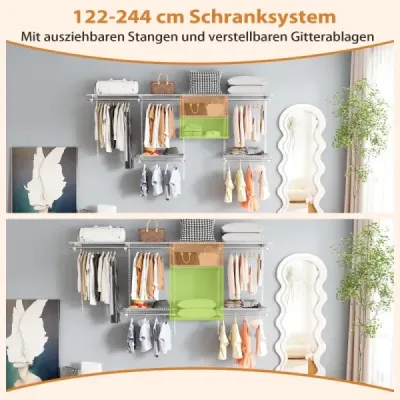Otvorená šatníková skriňa 122 - 244 cm Rozšíriteľná nástenná šatníková skriňa DIY úložný systém Biela