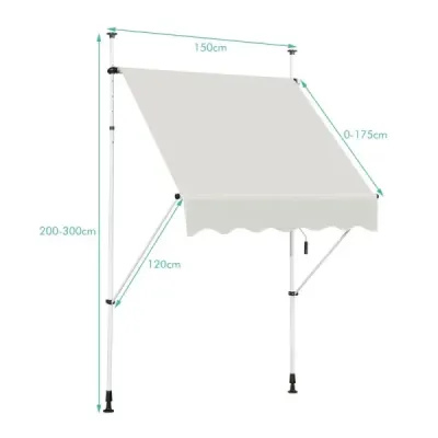 Sťahovacia slnečná strieška s ručnou kľukou, výškovo nastaviteľná 250 x 120 cm Béžová