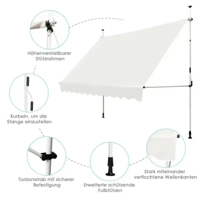 Sťahovacia slnečná strieška s ručnou kľukou, výškovo nastaviteľná 250 x 120 cm Béžová