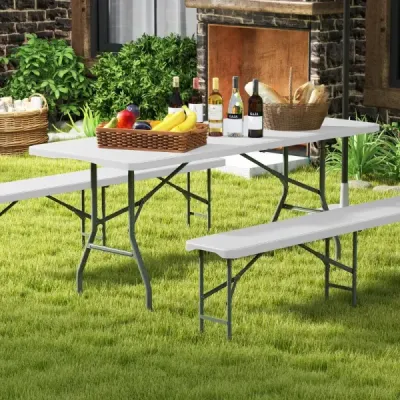 Záhradný stôl 180 x 74 cm, skladací kempingový stôl so stolovou doskou z HDPE a držadlom, biely