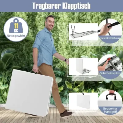 Záhradný stôl 180 x 74 cm, skladací kempingový stôl so stolovou doskou z HDPE a držadlom, biely