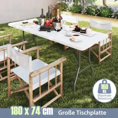 Záhradný stôl 180 x 74 cm, skladací kempingový stôl so stolovou doskou z HDPE a držadlom, biely