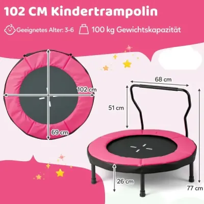 Ø102 cm detská trampolína fitness trampolína vnútorná s odnímateľnou rukoväťou mini trampolína s nosnosťou do 100 kg ružová